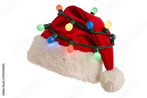 Festive red hat adorned with colorful lights, creating a joyful, celebratory holiday atmosphere.