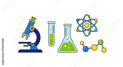 Colorful Science Laboratory Equipment and Molecular Models Illustration