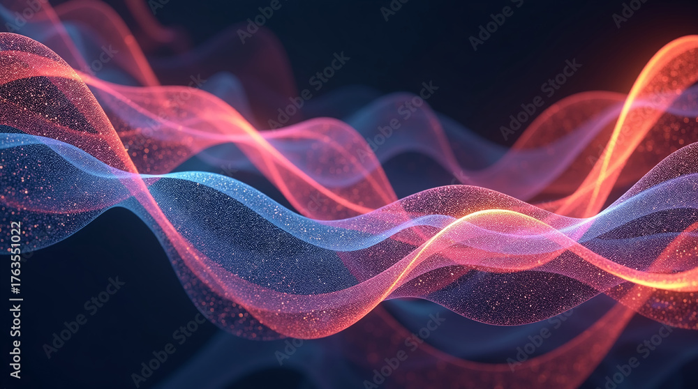 Fototapeta premium A 3D illustration of abstract flowing ribbons of light (colored particles) swirling around a dark void, creating a sense of movement and depth.