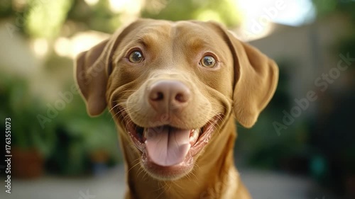 A close-up shot of a dog's face with its mouth open, great for illustrations or design concepts