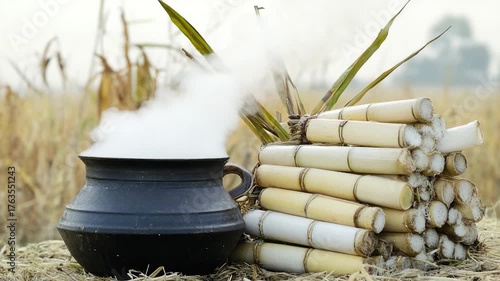 A black pot and a pile of bamboo sticks, useful for rustic or Asian-inspired scenes