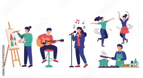 Diverse Talents: Artist, Guitarist, Singer, Dancers, and Chef Illustration