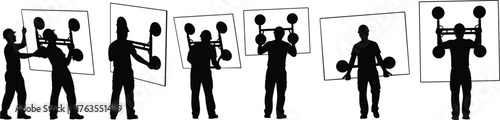 Silhouette vector illustration of construction workers handling large glass panes with suction cup lifters, teamwork, safety, installation, repair, maintenance, and industry