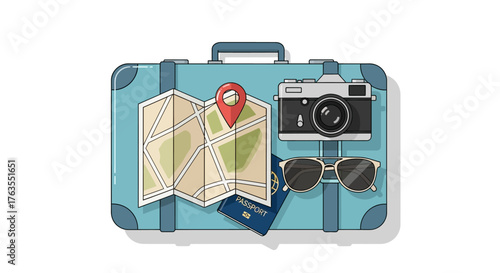 blue suitcase with travel accessories, flat design clip art preview