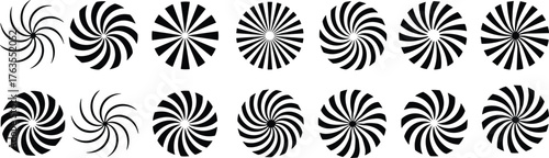 Radial spiral pattern set, abstract black petal design, optical illusion vector, geometric symmetry art, rotating fan shapes, silhouette