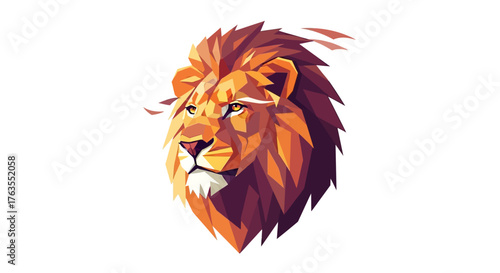 Majestic lion head portrait in a modern low-poly geometric art style with a powerful gaze.