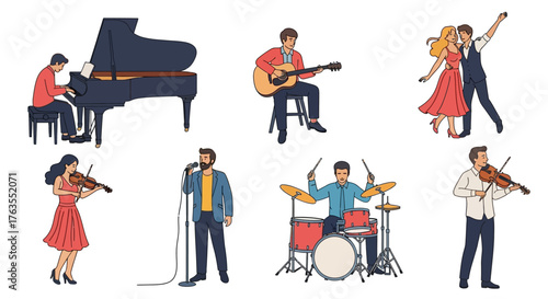 Man Playing Grand Piano with Sheet Music, Red Shirt, Black Pants