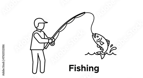 Minimalist black line art icon of a fisherman in a cap catching a jumping fish with a rod.