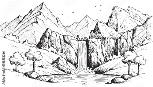 Majestic waterfall cascades down rugged mountainside in detailed sketch