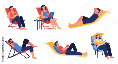 People Relaxing on Beach Chairs and Beach Towels Illustration