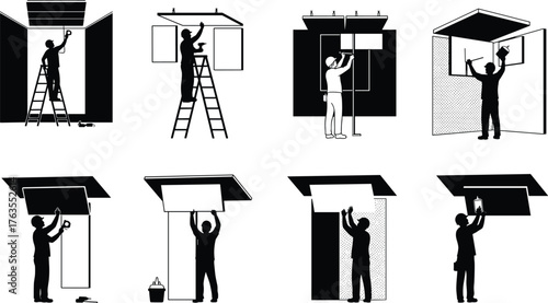 Silhouette vector illustration of construction workers installing ceiling panels with ladders, tools, painting, renovation, repair, teamwork, maintenance, labor, and industry