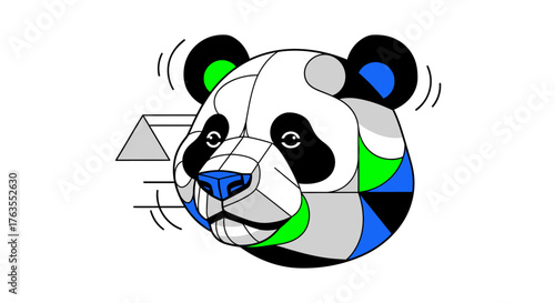 Stylized geometric panda head illustration with vibrant blue, green, black, white, and grey facets