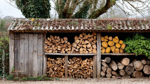 covered wood shed, neatly ranked split logs, labels for species