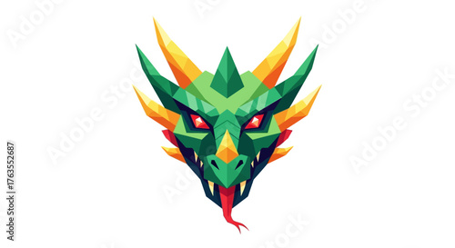 Symmetrical geometric dragon head with vibrant green scales, sharp yellow horns, and glowing red eyes.