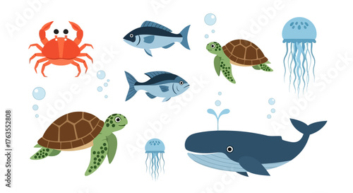 Vibrant cartoon marine life collection: crab, fish, sea turtles, jellyfish, and whale swimming in flat vector style.