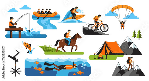 Vibrant flat illustration set of outdoor adventure sports and recreational summer vacation activities.