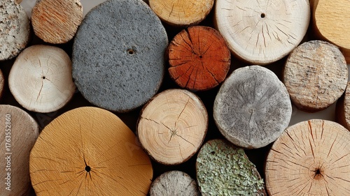 tight stack of split logs, end grain patterns, concentric rings and checks, soft side light, copy-safe negative space