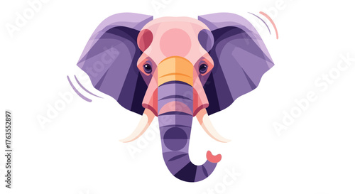 Vibrant purple and pink elephant head illustration with large flapping ears and tusks.