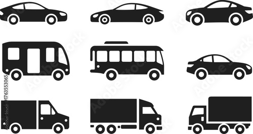 Vehicle silhouette icon set, black transport symbols, truck, car, bus, van, compact, delivery, cargo, flat vector illustration, CAD drawing