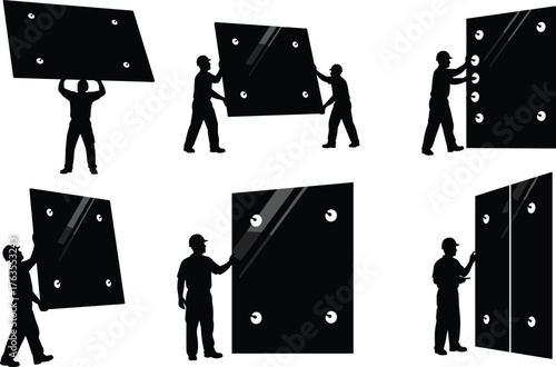 Silhouette vector illustration of construction workers installing large glass panels with suction cups, teamwork, safety, renovation, repair, maintenance, labor, and industry