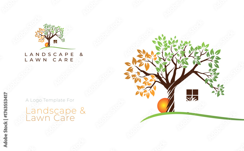 Obraz premium Modern Tree and House Logo for Landscape and Lawn Care Services