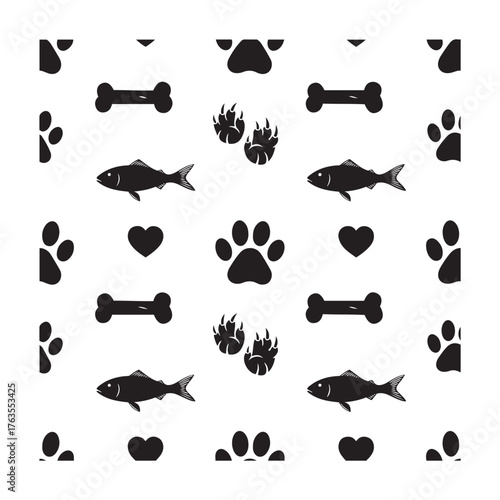 Black and White Pet Food and Paw Print Seamless Pattern. Dog Bone, Fish, and Heart Vector Background.