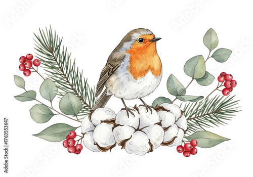 Watercolor illustration of a robin bird perched on cotton bolls with festive winter foliage isolated on transparent background