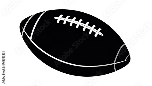 An illustration showcasing a black American football with white stitching and stripes, set against a clean white backdrop