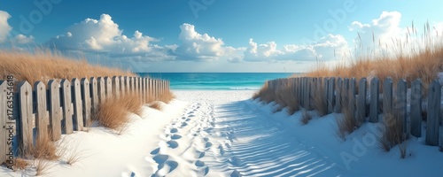 Beach path with footprints leads toward the sea under blue cloudy sky. Wooden fence borders route through sand. Tall grass grows by fence. Light sun shadows on sand. Holiday mood.
