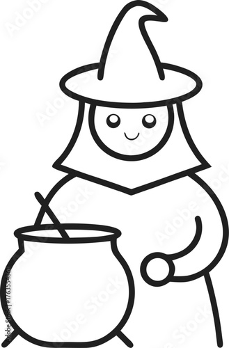 Witch making potion in cauldron outline  vector icon on white background 