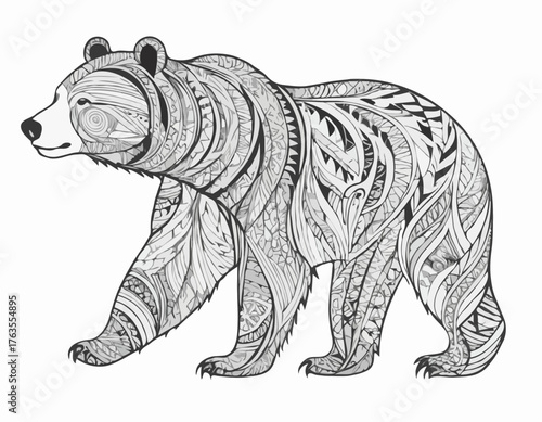 grizzly bear in modern tribal tattoo, abstract line art of animals, minimalist contour. Vector