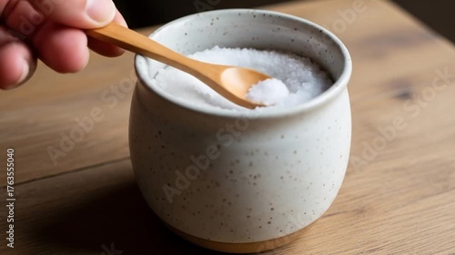 Wooden spoon scoops salt from a speckled ceramic bowl