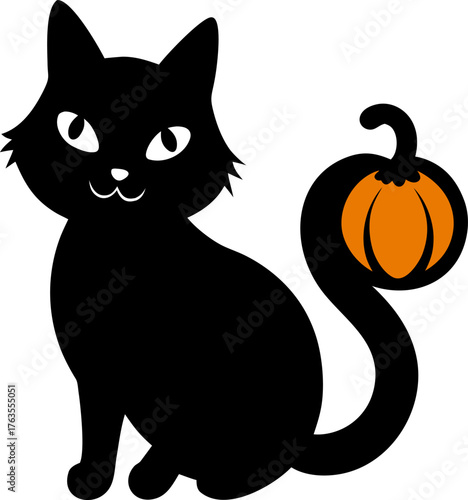 Black cat with pumpkin  silhouette icon  vector on white background 