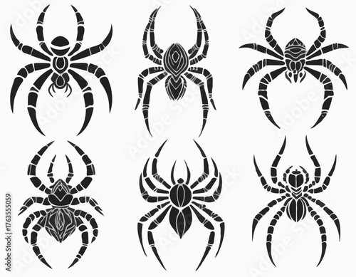 modern tribal tattoos of spider, tarantulas, abstract line art, and minimalist contour