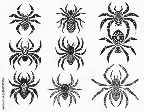 modern tribal tattoos of spider, tarantulas, abstract line art, and minimalist contour
