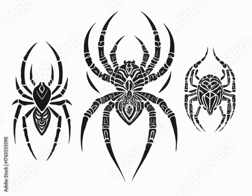 modern tribal tattoos of spider, tarantulas, abstract line art, and minimalist contour