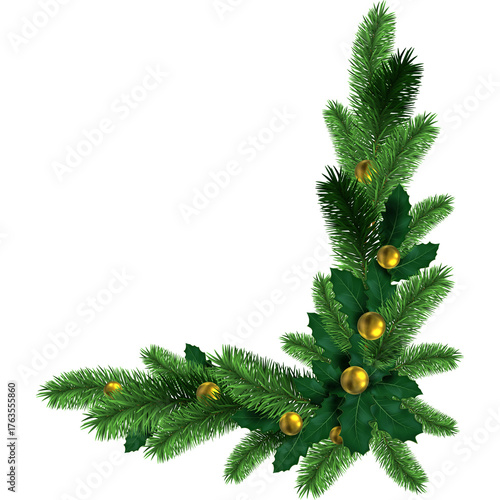 Christmas Tree Corner Decoration With Pine Needles Golden Orbs Transparent Background