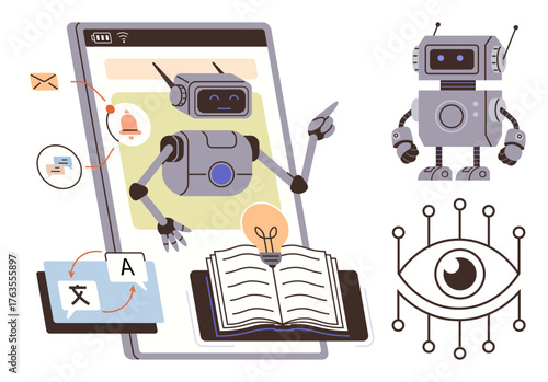 Robot interacts with a tablet, translating text, sending notifications, exploring eye recognition, analyzing a book. Ideal for AI, education, robotics, technology translation innovation simple