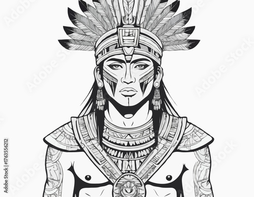aztec warrior in modern tribal tattoo, abstract line art of people, minimalist contour. Vector