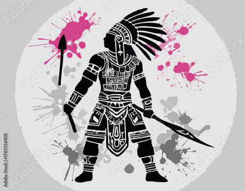aztec warrior silhouette, people in graffiti tag, hip hop, street art typography illustration.