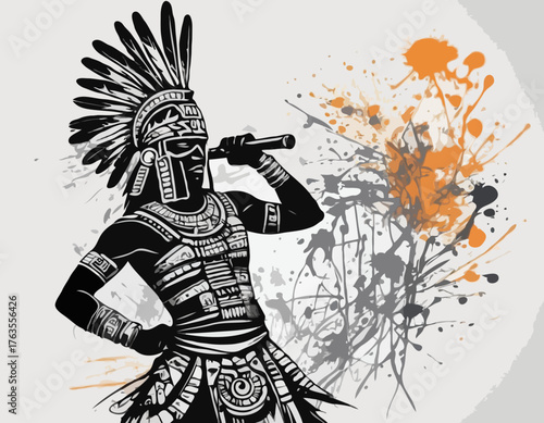 aztec warrior silhouette, people in graffiti tag, hip hop, street art typography illustration.