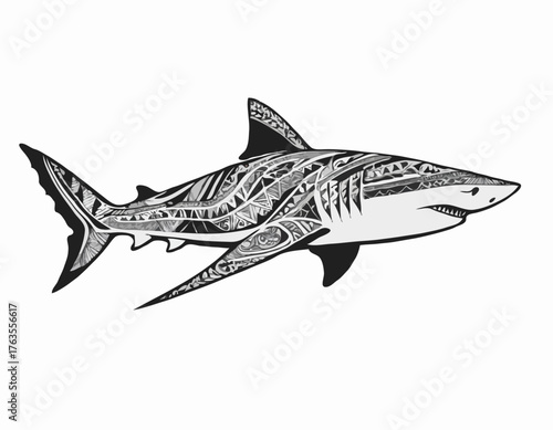 modern tribal tattoos of shark, abstract line art, and minimalist contour