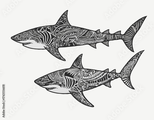 modern tribal tattoos of shark, abstract line art, and minimalist contour