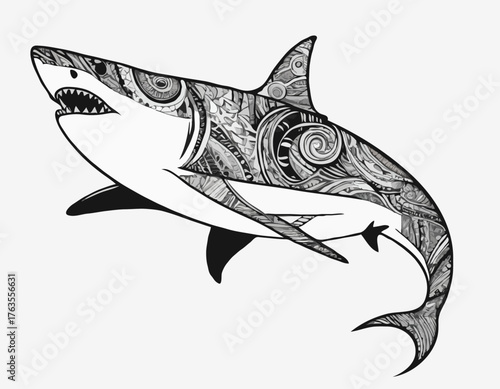 modern tribal tattoos of shark, abstract line art, and minimalist contour