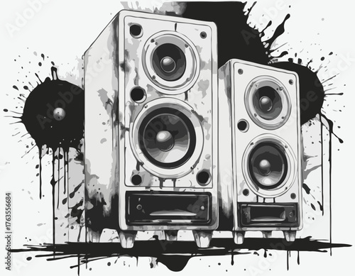 Bold black and white audio speakers illustration with spray paint effect