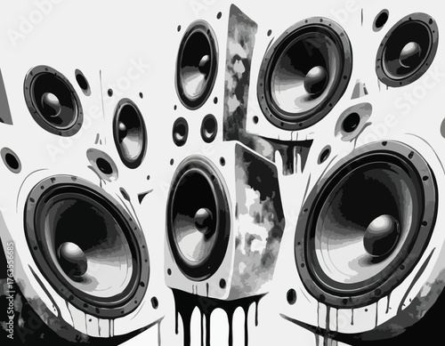 Bold black and white audio speakers illustration with spray paint effect