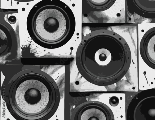 Bold black and white audio speakers illustration with spray paint effect