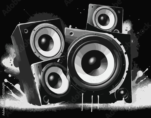Bold black and white audio speakers illustration with spray paint effect