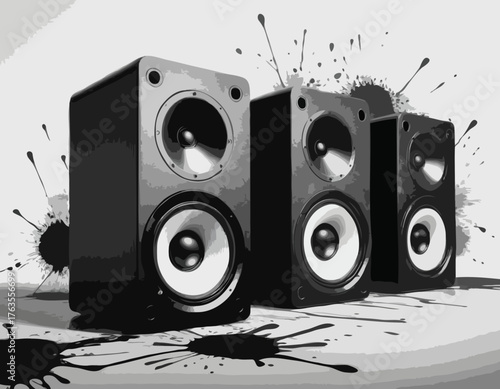 Bold black and white audio speakers illustration with spray paint effect