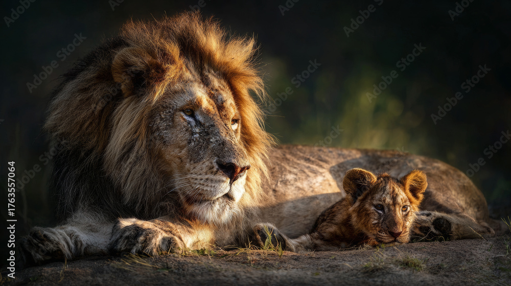 Fototapeta premium Majestic African Lion and Cub Resting in Golden Light